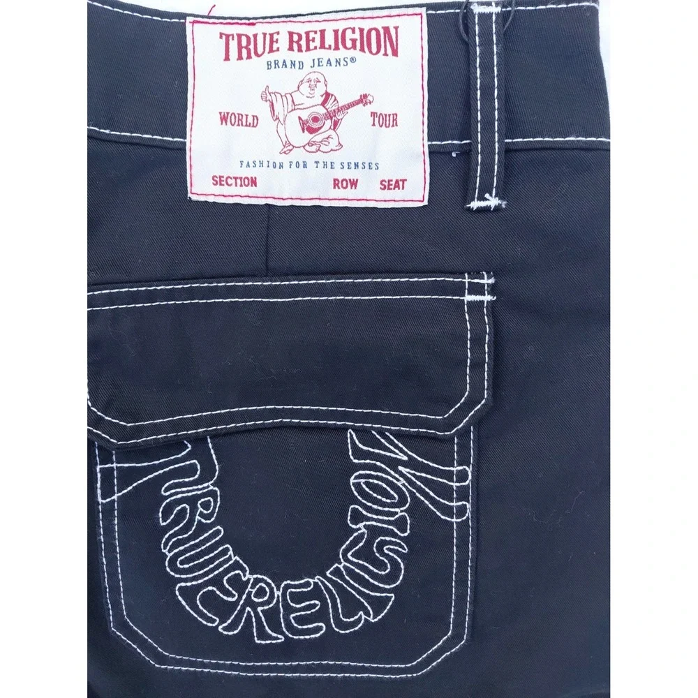 New True Religion Men's Black Denim Cargo Shorts Contrast Stitch Zip Baggy Skate
